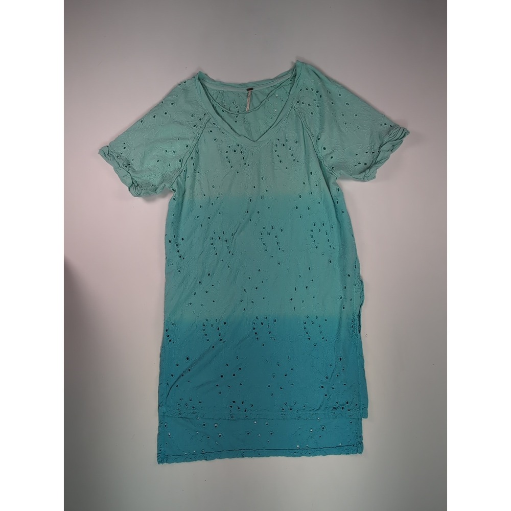 Free People Ombre Eyelet Tunic Dress Teal Turquoise V-Neck XS Boho Beach Coverup